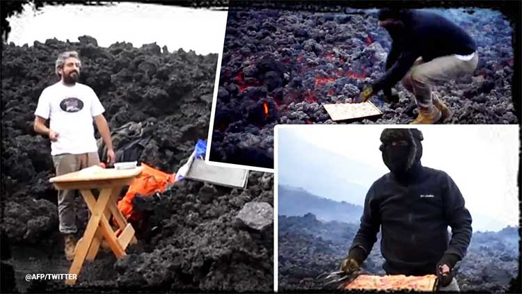 man cooking pizza on volcano 