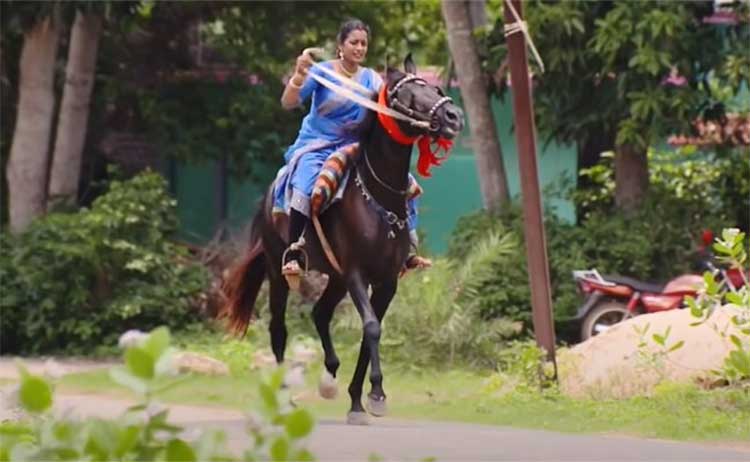 viral video woman rides horse in classical saree outfit 
