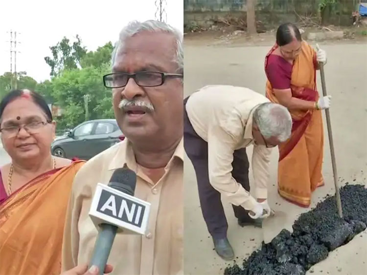 this older couple filling path holes in hyderabad city from 11 years 