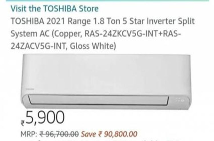 amazon lists rs 90000 toshiba ac for rs 6000 