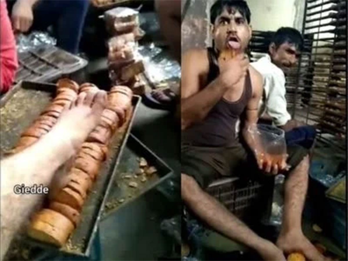 workers putting feet on rusk and licking them video 