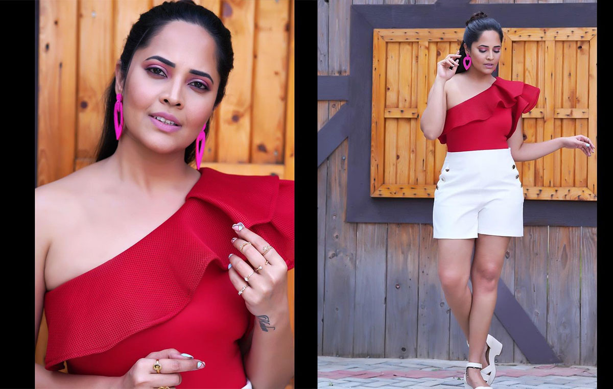 Anasuya new red and white color dress photos 