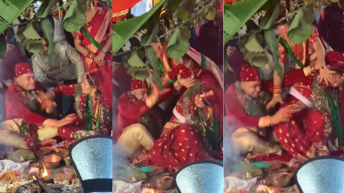 bride and groom fight each other on stage viral video 